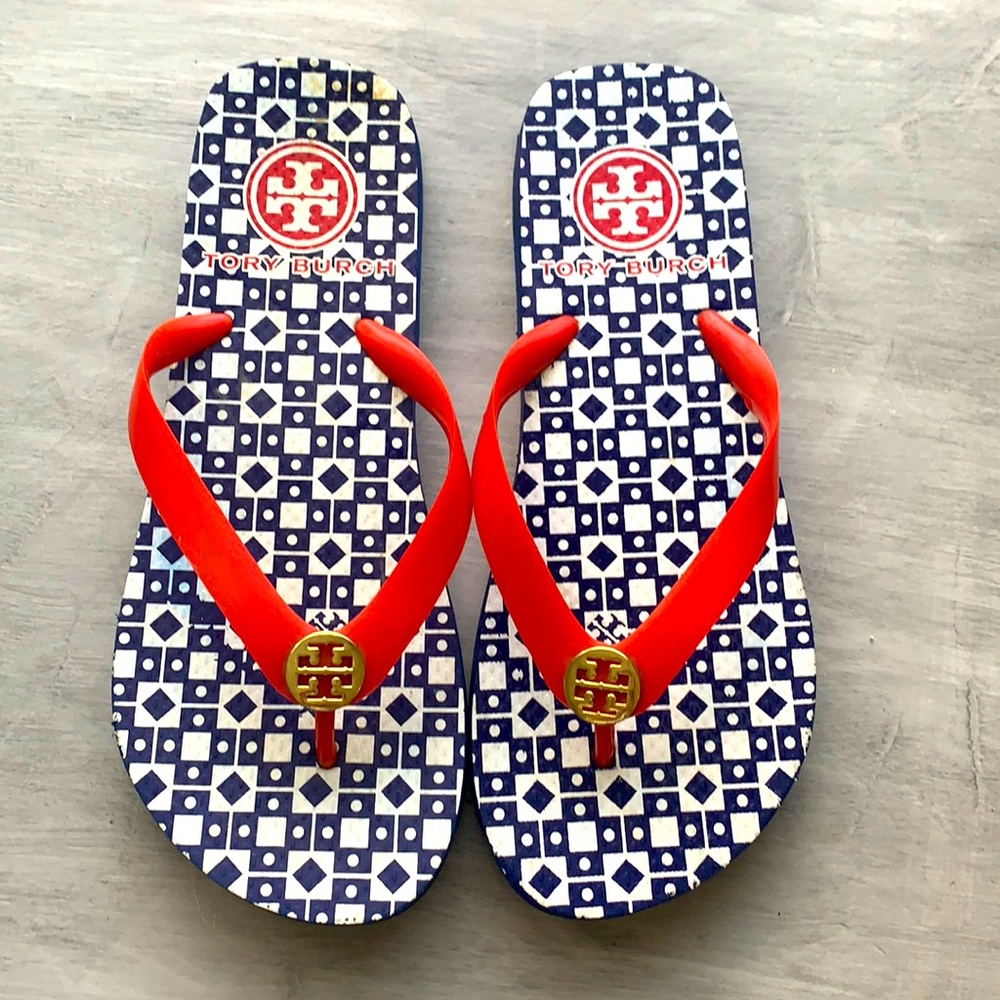 Red white and blue gently used flip flops